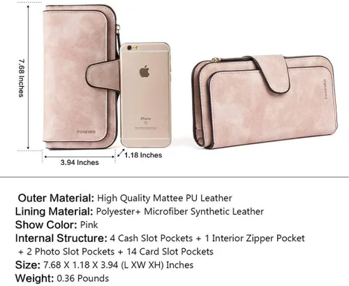 Vista 7 de KELEEL Cartera de cuero para mujer, monedero de embrague para tarjetas de crédito, soporte para monedas, plegable, Rosado, Classic