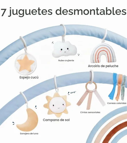 Vista 2 de Little Dove Tapete de gimnasio para bebé, tapete de actividad para el tiempo boca abajo con 7 juguetes desmontables y 12 tarjetas de hitos