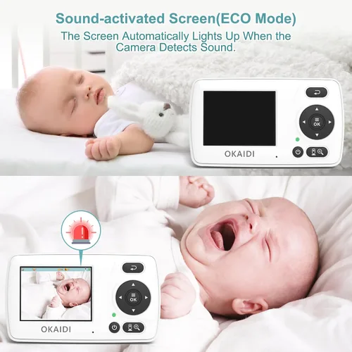 Vista 7 de OKAIDI Monitor de video para bebés con 2 cámaras, pantalla de viaje portátil de 2.4 pulgadas, transmisión de largo alcance de 1000 pies, monitor