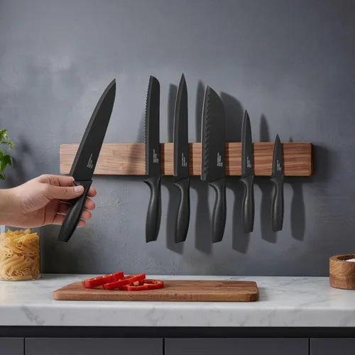 Vista 5 de Onader Juego de cuchillos de cocina negros, cuchillos pequeños afilados de acero inoxidable con tapas para cocina, 12 piezas
