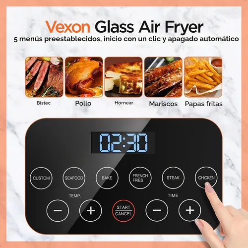 Vista 2 de Vexon Freidora de aire de vidrio de 4.5 L, ventana de visualización transparente, cesta fácil de limpiar, múltiples modos de cocción, controles Negro