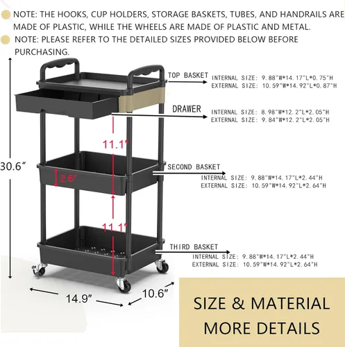 Vista 8 de Goovilla Organizador de carrito utilitario de 3 niveles con cajón extraíble, carritos de almacenamiento rodantes negros estables y resistentes con 2