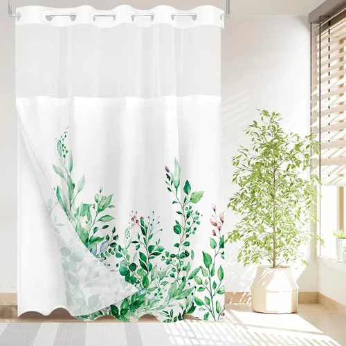 Vista 132 de Tititex - Juego de cortinas de ducha de eucalipto negro, hojas de acuarela gris en la parte superior, con decoración floral de baño, 60 x 72