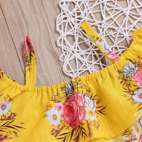 Vista 7 de Conjunto de trajes de verano de dos piezas con correa de volantes y pantalones cortos de girasol para niña