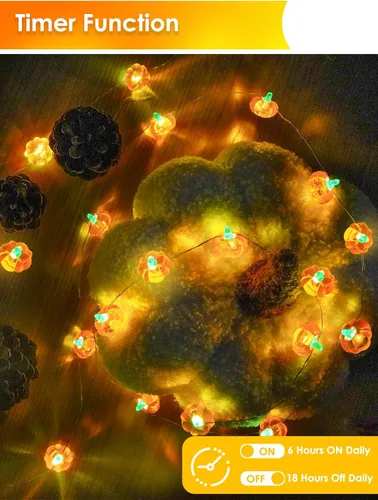 Vista 3 de Paquete de 2 guirnaldas de 30 luces LED de calabaza para decoración de otoño, funciona con pilas 20FT, 3D Pumpkin Fairy Twinkle Lights with Timer