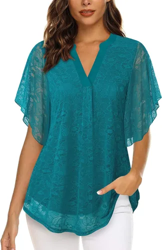 Vista 2 de Timeson Blusas de manga corta con cuello en V para mujer, camisas florales de doble capa de malla