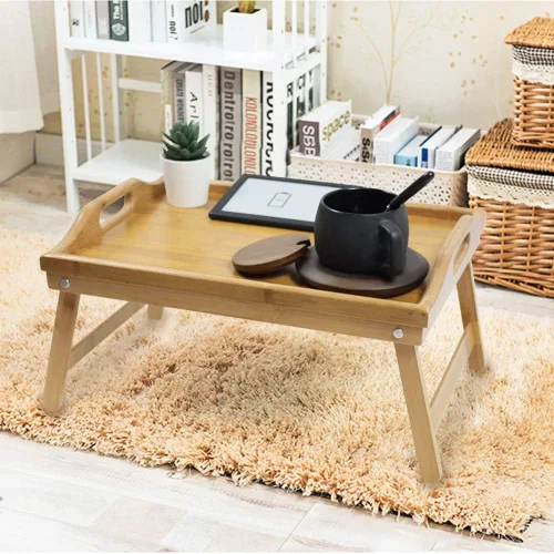 Vista 5 de KKTONER Bandeja de mesa de cama de bambú con patas plegables, bandeja de desayuno para cama con patas plegables para comer y portátil, bandejas