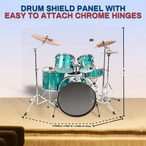 Vista 6 de PENNZONI Drum Shield de 5 pies con bisagras cromadas, viene con 3 paneles de batería y bisagras cromadas, paneles de acrílico transparente de alta