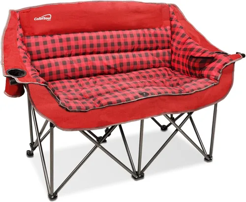 Vista 9 de Silla de campamento plegable doble totalmente acolchada, sofá de campamento de gran tamaño para 2 personas, sofá con soporte para tazas, soporte