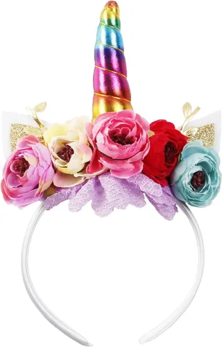 Vista 8 de Nishine Diadema de cuerno de unicornio con purpurina para niñas, diadema de camelia pony, banda para el pelo de flores, tiara para fiesta, regalo
