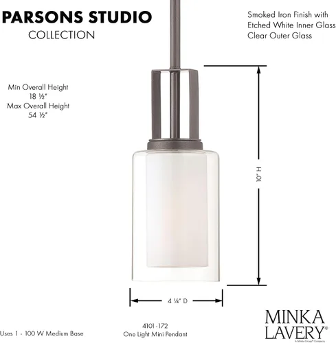 Vista 4 de Minka Lavery 4101-172 Parsons Studio Mini colgante, 1 luz, 100 vatios totales, 4.25 pulgadas de alto x 10 pulgadas de ancho, hierro ahumado