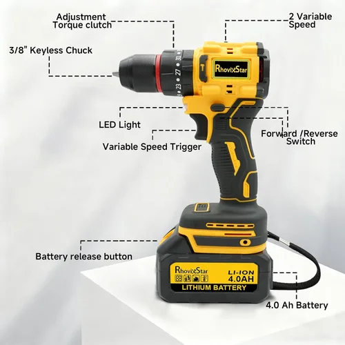 Vista 5 de Rhovixster - Taladro eléctrico inalámbrico de 20 V, 2 velocidades con par máximo de 30 NM, portabrocas sin llave de 3/8 pulgadas, kit