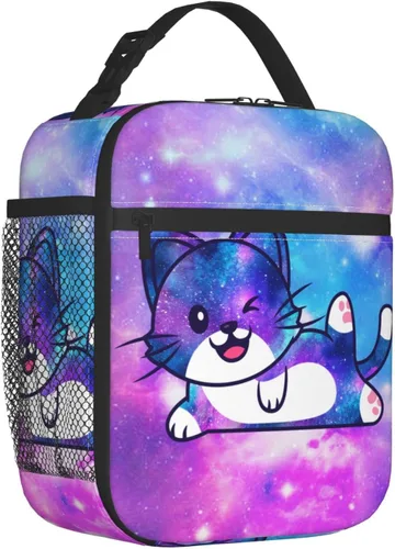 Vista 3 de Lonchera térmica con estampado de gatos Galaxy con asa desmontable, lonchera reutilizable para niñas, niños y adultos