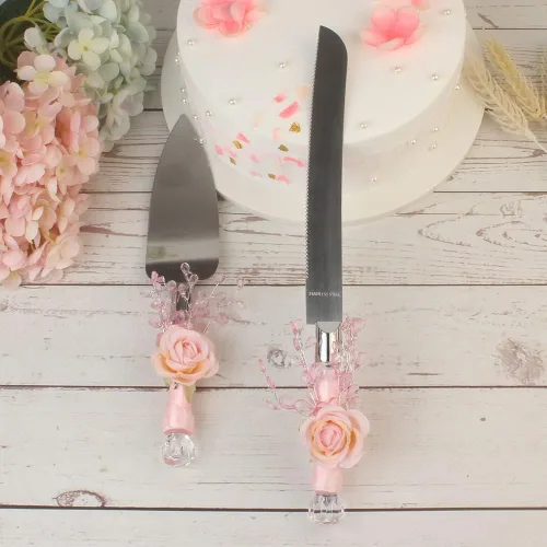 Vista 5 de Juego de 2 piezas de pala para tartas serie rosa, accesorio para sitios de boda, cuchillo de pan, suministros de boda occidental, acero inoxidable