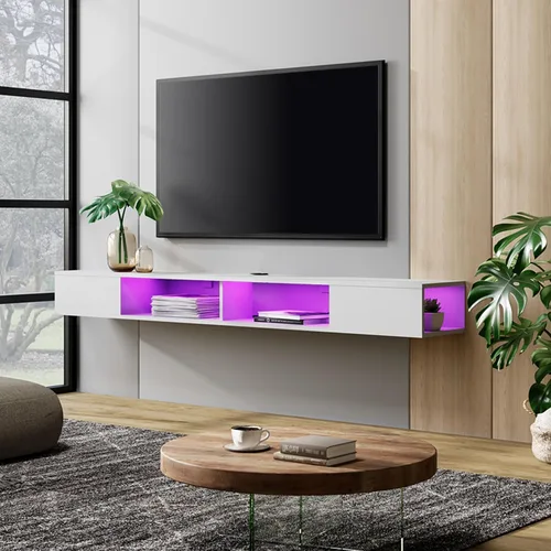 Vista 13 de WAMPAT Estante flotante de TV de 70 pulgadas con luz LED amarilla, soporte de TV flotante blanco montado en la pared con almacenamiento para TV