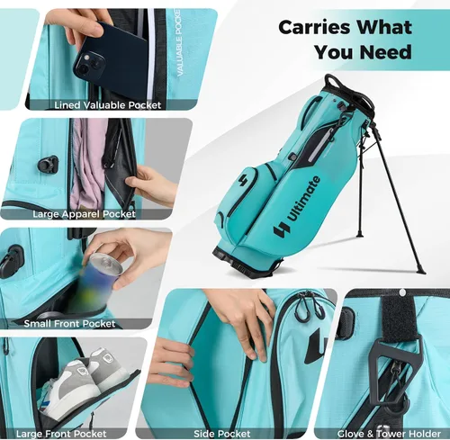 Vista 4 de Bolsa de pie de golf ULTIMATE, bolsa de golf de 8 vías con 5 bolsillos, capucha antilluvia, correa desmontable de doble hombro, almohadilla lumbar