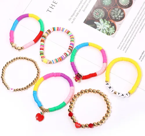 Vista 185 de Surfer Heishi - Pulseras apilables para mujer, apilables, de vinilo arcoíris, disco de arcilla, pulseras elásticas para la amistad, joyería bohemia