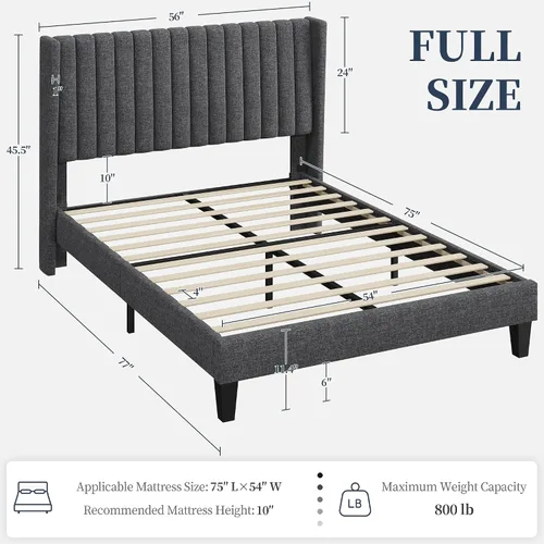 Vista 2 de Topeakmart Base de cama tapizada con cabecera de diseño de alas y base de colchón, soporte de listones de madera, no necesita somier