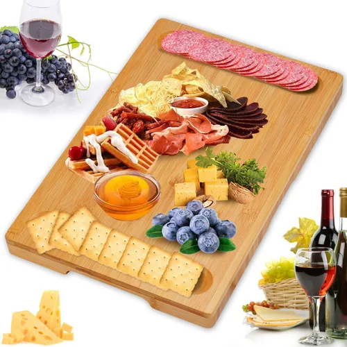 Vista 8 de Tabla de queso de bambú con juego de utensilios y 4 cuchillos de corte de acero inoxidable para galletas y bandeja para servir carne
