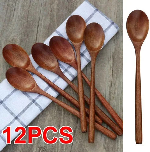 Vista 3 de TEAMWILL Cucharas de madera, 12 cucharas de sopa de madera de 9 pulgadas para comer, mezclar, agitar, cuchara de mango largo con utensilio de cocina