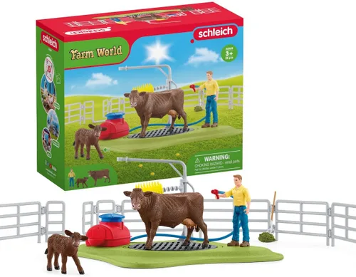 Vista 10 de Schleich Farm World, juguetes de animales de granja para niños, Happy Cow Wash con juguetes de vaca y área de lavado de trabajo, juego de 16 piezas