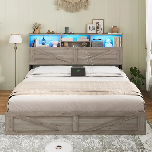 Vista 8 de AOGLLATI - Base de cama de tamaño matrimonial estilo granja con 4 cajones de almacenamiento y estación de carga, base de cama completa de madera
