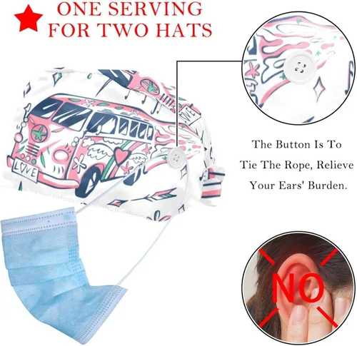 Vista 2 de Retro Hippie Car Love Bus Mini Van Sun Yin Yang Alien 2 Pack Adjustable Working Cap with Buttons Elastic Bouffant Hats Head Scarf with Sweatband for