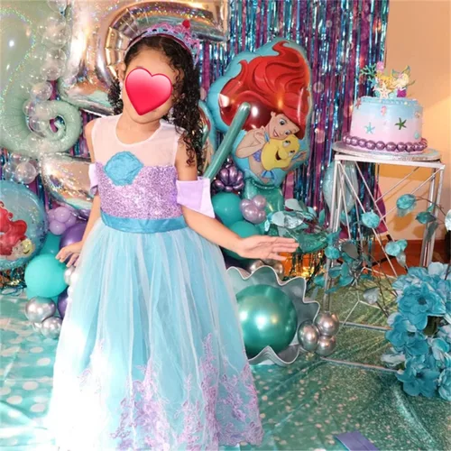 Vista 5 de PURFEEL Vestido de sirena con lentejuelas para niñas vestido de fiesta de sirena bordado con todos los accesorios color morado y verde 3-4 años