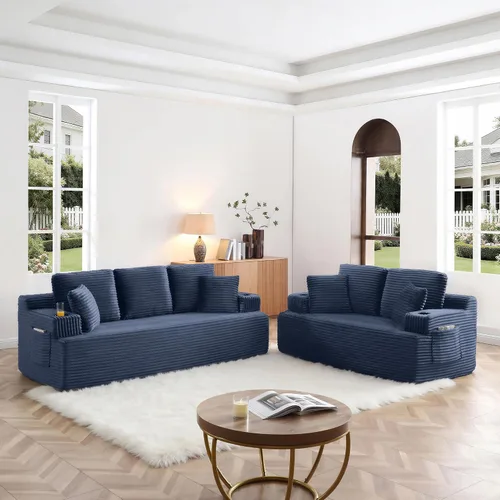 Vista 35 de Sofá sin hueso de 66.5 pulgadas con portavasos y bolsillos laterales, sofá biplaza tapizado de tela de pana moderna con 2 almohadas para sala
