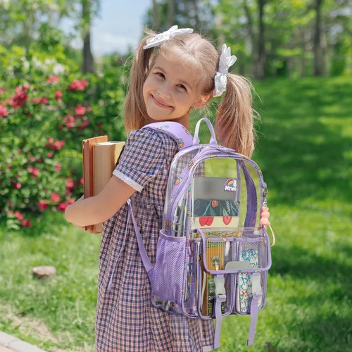 Vista 6 de HTWO Mochila transparente para niñas, bolsa de libro transparente aprobada por estadios, mochilas de actualización de PVC para escuela resistente