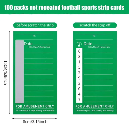 Vista 2 de Paquete de 100 tarjetas deportivas de 10 líneas, tarjetas de tira de fútbol Super Bowl de fútbol, 100 tarjetas de béisbol verde sin repetición