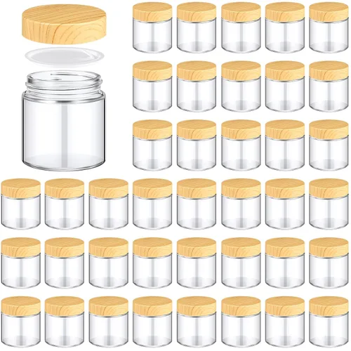 Vista 7 de Norme 120 tarros de vidrio de 4 onzas con tapas, recipientes de vidrio vacíos con tapas de grano de madera y revestimientos interiores