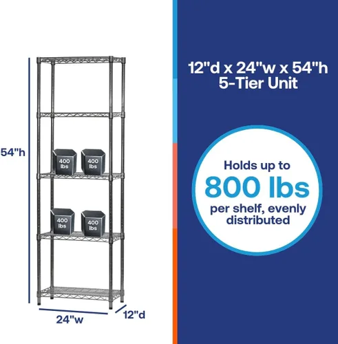 Vista 6 de Shelving Inc. Estantería de alambre cromado de 12 pulgadas de profundidad x 24 pulgadas de ancho x 54 pulgadas de alto con estantes de 5 niveles