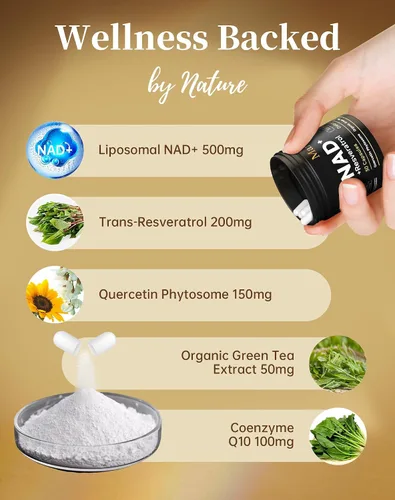Vista 4 de MARSTA Suplemento de resveratrol NAD 1000 mg orgánico - NAD+ liposomal para energía, antienvejecimiento, apoya la concentración y la resistencia