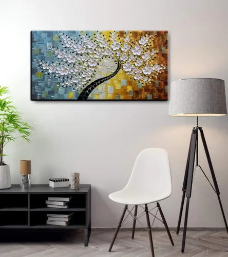 Vista 3 de YaSheng Art - Pintura al óleo de arte contemporánea hecha a mano de flores blancas en lienzo con textura 3D, pinturas de árbol abstractas