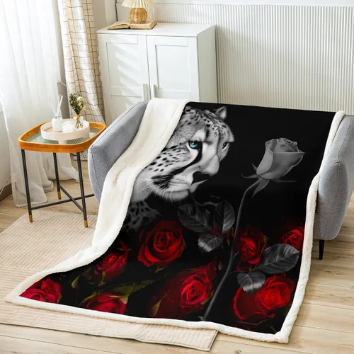 Vista 2 de Manta de sherpa con estampado de leopardo y rosas rojas y animales de safari africanos, manta de vellón para niños y adultos, estampado floral
