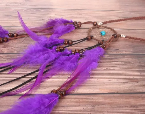 Vista 9 de Gangel Diadema de plumas turquesas, tocado indio gitano, atrapasueños, hippie, plumas, con plumas moradas, cuerda de cáñamo larga con borla