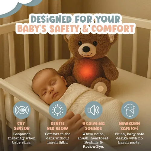 Vista 2 de Gemma Joy Calmante de Sueño para Bebé Oso Marrón para Bebé – Animal de Peluche con Latido Cardíaco Activado por Llanto – Calmante de Cuna Recargable