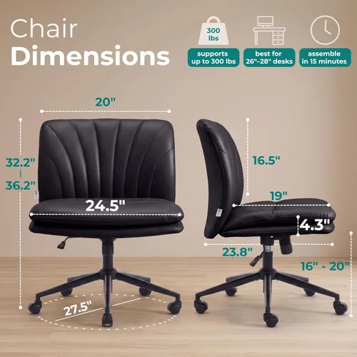 Vista 2 de Silla de escritorio sin brazos con ruedas para sentarse entrecruzada, silla sin brazos anchos con patas cruzadas, taburete giratorio ajustable