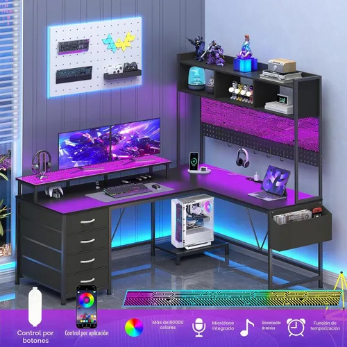 Vista 6 de Escritorio para juegos en forma de L con gabinete, escritorio de esquina reversible para computadora con cajones, escritorio para juegos con panel