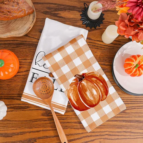 Vista 2 de Siilues Juego de 2 toallas de cocina de otoño, 18 x 26 pulgadas, diseño de calabaza, decoraciones de otoño para el hogar, temporada de otoño, Acción