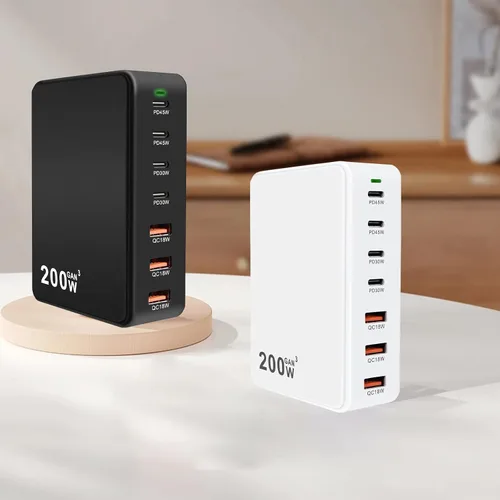 Vista 5 de Bloque de carga USB C de 200 W, 7 puertos GaN, estación de bloque de carga rápida, multipuerto PD QC3.0 Hub de ladrillo compatible con laptop
