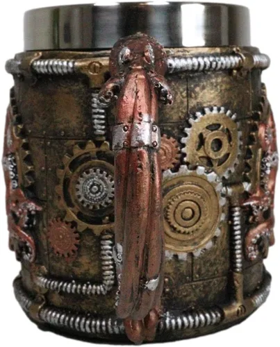 Vista 4 de Ebros Brazen Steampunk Kraken Octopus Cyborg con válvulas de engranajes robóticos esculpidos y tuberías Beverage Drinkware Serveware decorativo Taza