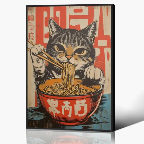 Vista 18 de Arte de pared vintage de gato japonés en lona, póster de gato negro peculiar comiendo ramen, impresión de arte retro de animales divertidos