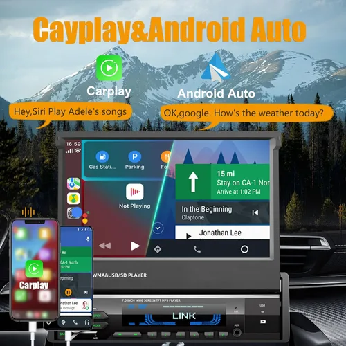 Vista 8 de [Actualización] Reproductor estéreo de coche de un solo DIN compatible con Apple Carplay y Android Auto - Pantalla táctil motorizada abatible de 7