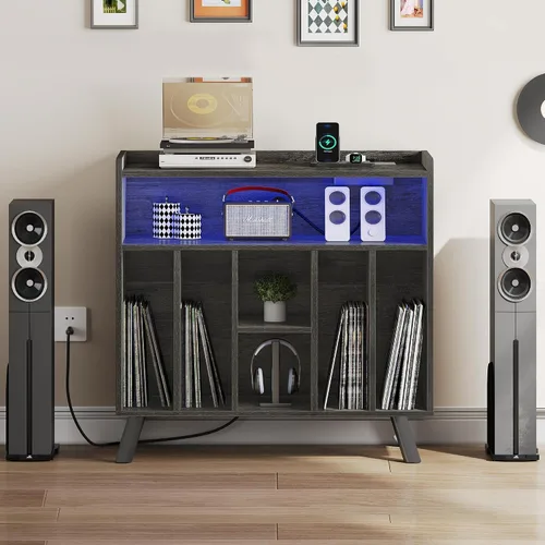 Vista 6 de YITAHOME Soporte para tocadiscos con tomas de corriente y luces LED con capacidad para hasta 130 álbumes, mesa de tocadiscos con almacenamiento