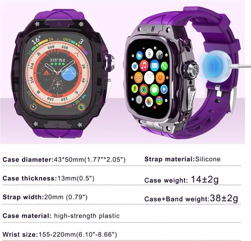 Vista 3 de Estuche de lujo translúcido para Apple Watch Ultra 1/2 de 49 mm, estuche resistente y ligero completamente envuelto con correa, correa de silicona