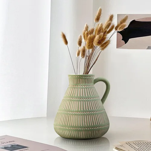 Vista 8 de Juego de 3 jarrones de cerámica bohemios para sala de estar, dormitorio, modernos, amarillo, marrón, verde, jarrones para flores artificiales