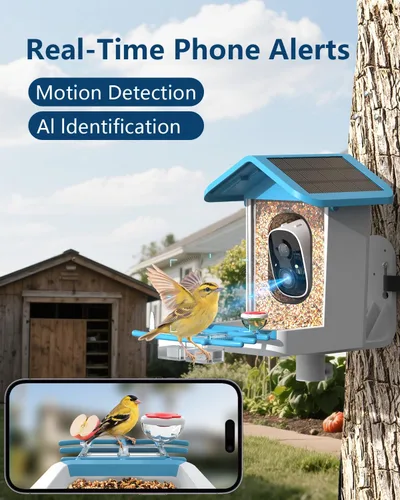 Vista 3 de Comedero inteligente para pájaros con cámara, video HD 2K, IA identifica especies de pájaros alimentado por energía solar, videos de captura