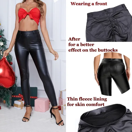 Vista 2 de Pantalones de cuero para mujer, leggings de piel sintética, sexy, color negro y rojo, mallas ajustadas para uso casual
